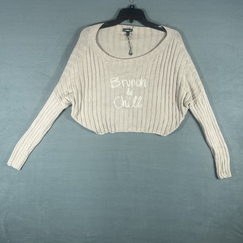 EXPRESS Women's M Beige Ribbed Knit Cropped Brunch & Chill Embroidered Sweater